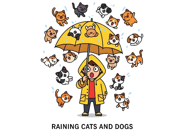 Cartoon Kawaii Raining Cats and Dogs Humorous Illustration - classic - width: 5120px, height: 3584px