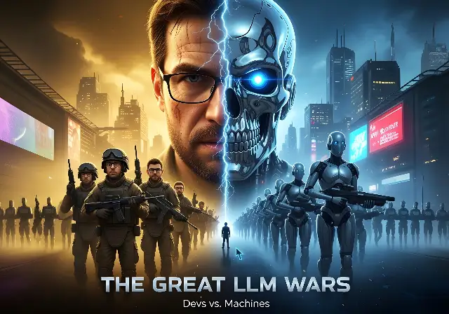 Digital Art: LLM Wars Human vs Machine Conflict Graphic - classic - width: 5120px, height: 3584px