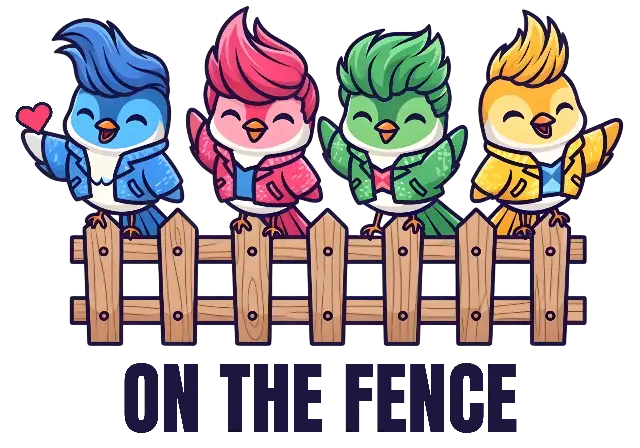 Chibi Kawaii Four Birds with Spiky Hair and Jackets on a Fence Design - classic - width: 5120px, height: 3584px