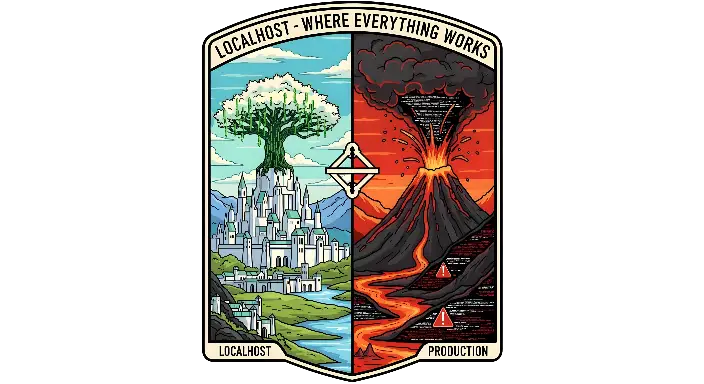 Developer Humor: Localhost vs Production Cartoon Graphic - landscape - width: 5632px, height: 3072px
