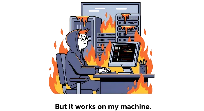 Cartoon Programmer on Fire: 'It Works on My Machine' Tech Humor - landscape - width: 5632px, height: 3072px