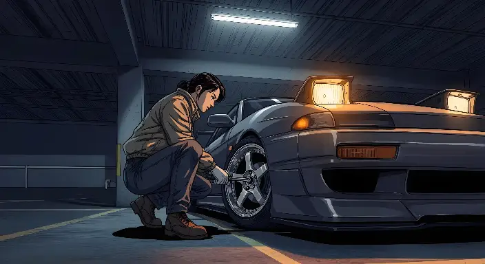 Anime Woman Mechanic Changing Sports Car Tire Illustration