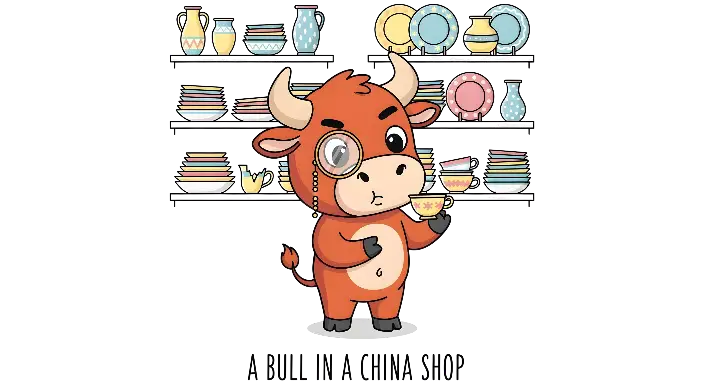 Cartoon Bull in a China Shop Humorous Pun Graphic for Gifts - landscape - width: 5632px, height: 3072px