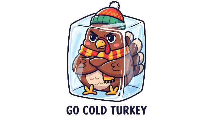 Cartoon 'Go Cold Turkey' Illustration: Funny Frozen Turkey in Ice - landscape - width: 5632px, height: 3072px