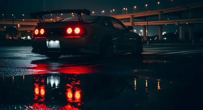 Night Photography Sports Car: Moody Urban Reflections - landscape - width: 5632px, height: 3072px