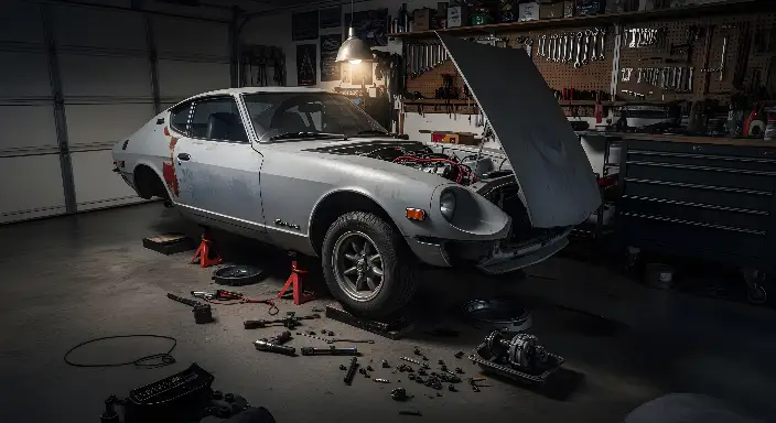 Realistic Classic Car Under Repair Garage Scene for Enthusiasts - landscape - width: 5632px, height: 3072px