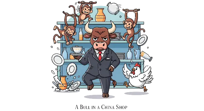 Cartoon Bull in a China Shop Scene Humorous Illustration