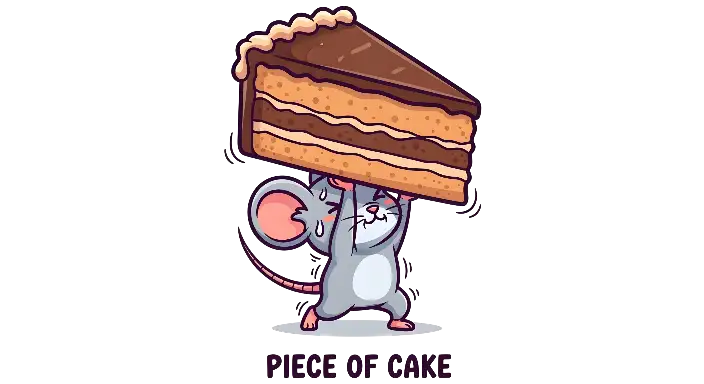 Kawaii Cartoon Mouse Lifting Cake: Humorous 'Piece of Cake' Design