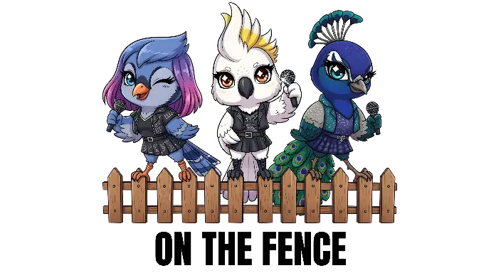 Chibi Punk Rock Bird Musicians on Fence - Cute Animal Band Graphic - landscape - width: 5632px, height: 3072px