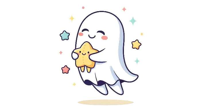 Kawaii Chibi Ghost Holding Star Graphic for Cute Aesthetics - landscape - width: 5632px, height: 3072px
