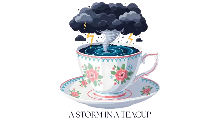 Cartoon Storm in a Teacup Illustration for Idiom Enthusiasts - landscape - width: 5632px, height: 3072px