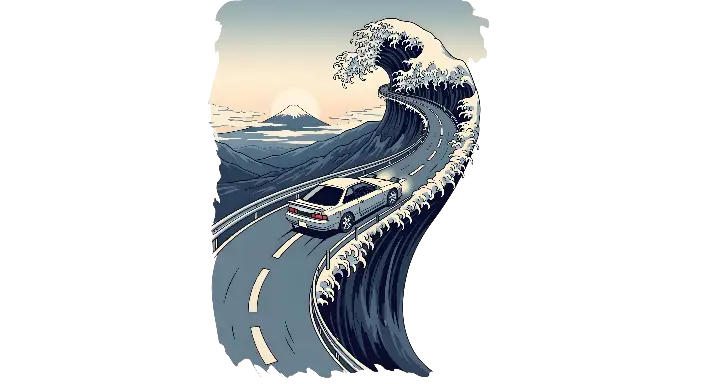 Pixel Art JDM Car on Wave Road with Mount Fuji Illustration - landscape - width: 5632px, height: 3072px
