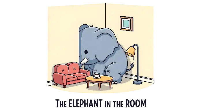 Humorous Cartoon Elephant in the Room Idiom Illustration - landscape - width: 5632px, height: 3072px