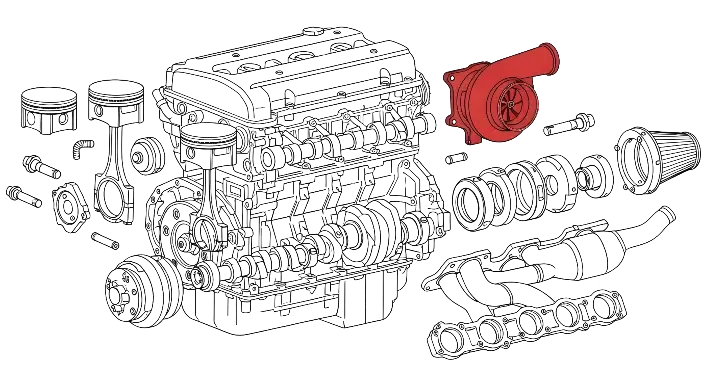 Technical Illustration Exploded Engine Diagram with Red Turbocharger - landscape - width: 5632px, height: 3072px