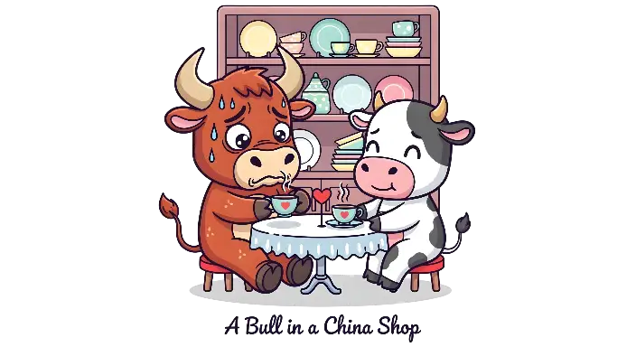 Cute Cartoon Bull and Cow Tea Party in China Shop Illustration