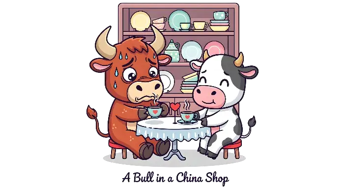 Cute Cartoon Bull and Cow Tea Party in China Shop Illustration - landscape - width: 5632px, height: 3072px