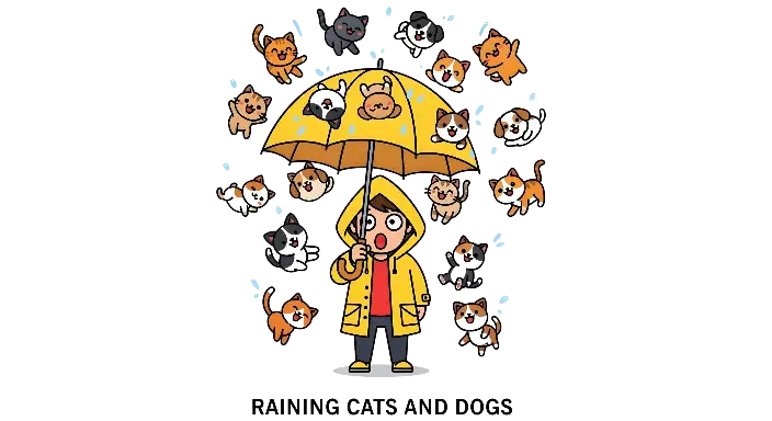 Cartoon Kawaii Raining Cats and Dogs Humorous Illustration - landscape - width: 5632px, height: 3072px