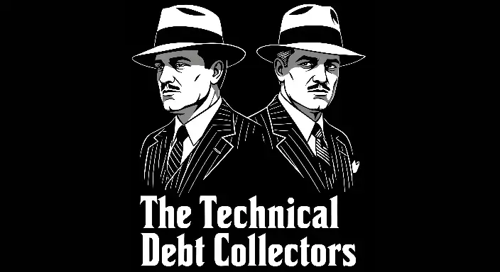 Vintage Gangster Style Technical Debt Collectors Graphic for Developers - landscape - width: 5632px, height: 3072px