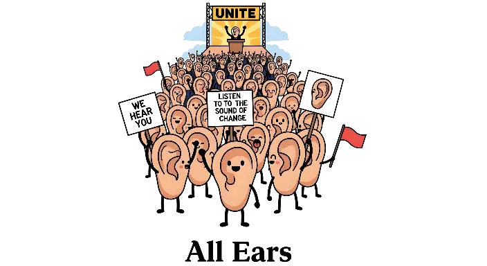 Humorous Anthropomorphic Ears Protest Design: The Sound of Change - landscape - width: 5632px, height: 3072px