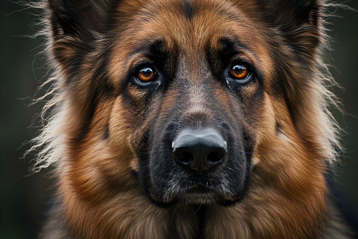 German Shepherd portrait with soulful eyes and soft fur in natural light | MentisVibe