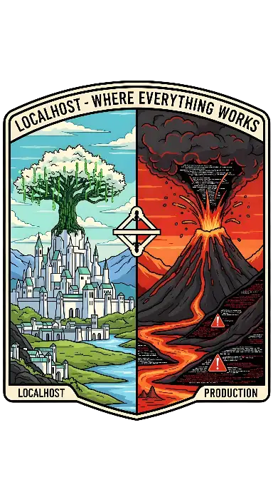Developer Humor: Localhost vs Production Cartoon Graphic - portrait - width: 3072px, height: 5632px