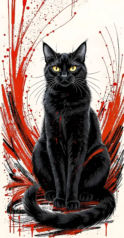 Black Cat Grunge Illustration with Red Brush Strokes