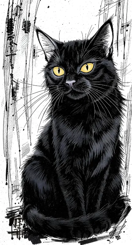 Black Cat Ink Art Illustration, Gritty Sketchy Design with Yellow Eyes