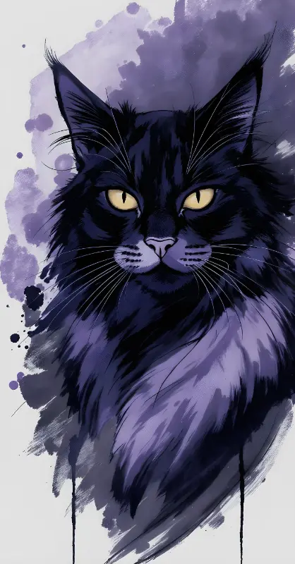 Expressive Mysterious Watercolor Black Cat Head Illustration