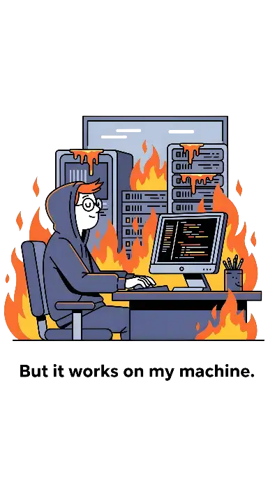 Cartoon Programmer on Fire: 'It Works on My Machine' Tech Humor - portrait - width: 3072px, height: 5632px
