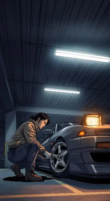 Anime Woman Mechanic Changing Sports Car Tire Illustration - portrait - width: 3072px, height: 5632px