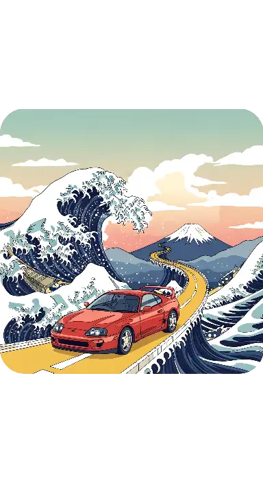 Ukiyo-e Pop Art Supra Mk4 Great Wave Mount Fuji Illustration - portrait - width: 3072px, height: 5632px