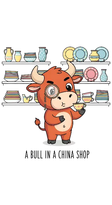 Cartoon Bull in a China Shop Humorous Pun Graphic for Gifts - portrait - width: 3072px, height: 5632px