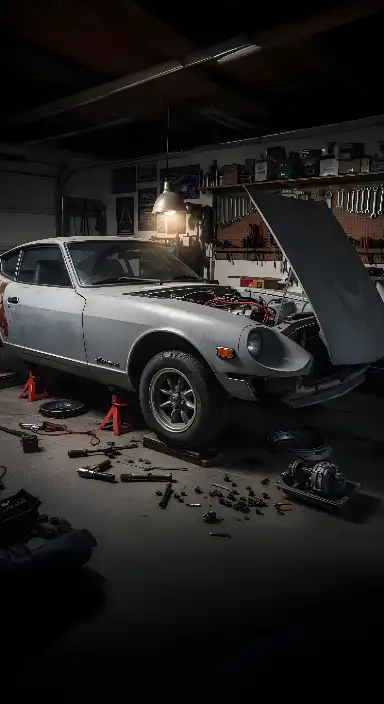 Realistic Classic Car Under Repair Garage Scene for Enthusiasts