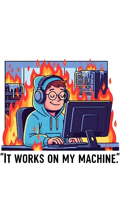 Cartoon Programmer IT WORKS ON MY MACHINE - portrait - width: 3072px, height: 5632px