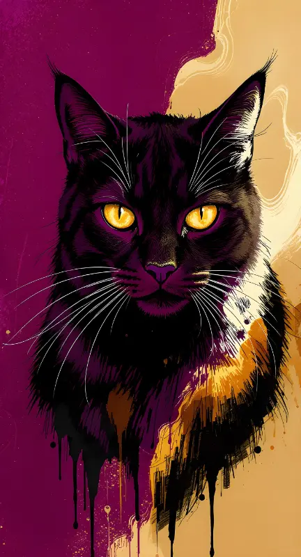 Grunge Abstract Black Cat Art with Glowing Yellow Eyes & Purple