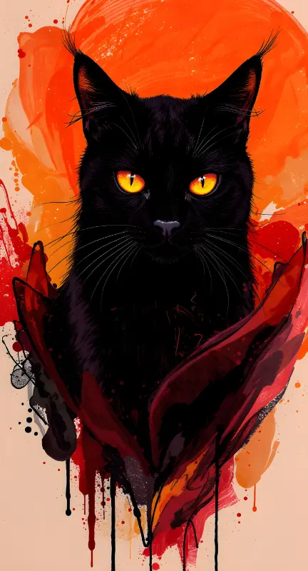 Watercolor Grunge Black Cat Art with Glowing Yellow Eyes