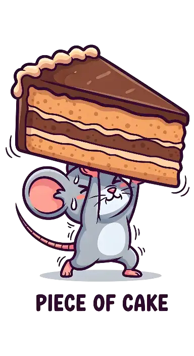 Kawaii Cartoon Mouse Lifting Cake: Humorous 'Piece of Cake' Design - portrait - width: 3072px, height: 5632px