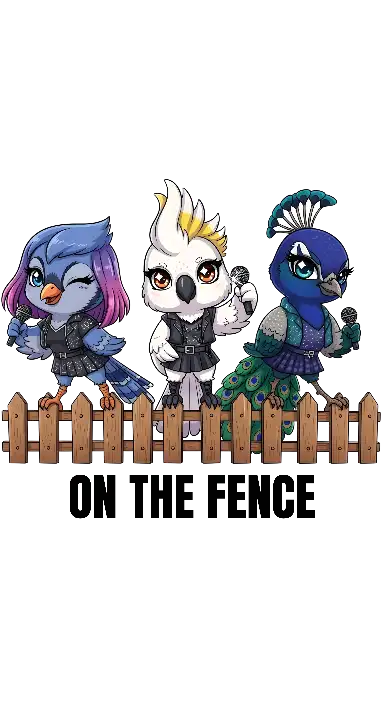 Chibi Punk Rock Bird Musicians on Fence - Cute Animal Band Graphic - portrait - width: 3072px, height: 5632px