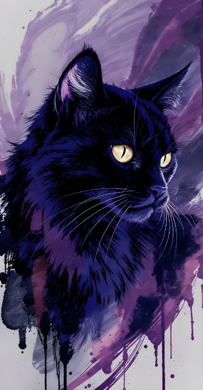 Black Cat Watercolor Digital Painting with Mysterious Glowing Eyes