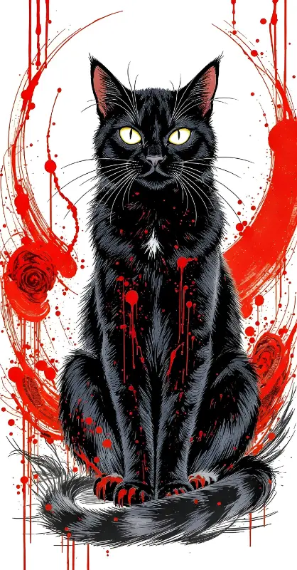 Edgy Neo-Traditional Black Cat Red Splatter Graphic