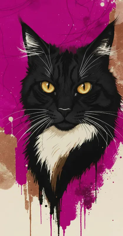 Street Art Black Cat Portrait with Vibrant Paint Splatters