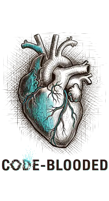 Code-Blooded Anatomical Heart Cyberpunk Tech Art T-shirt Design - portrait - width: 3072px, height: 5632px