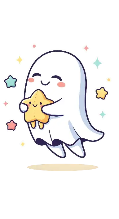 Kawaii Chibi Ghost Holding Star Graphic for Cute Aesthetics - portrait - width: 3072px, height: 5632px