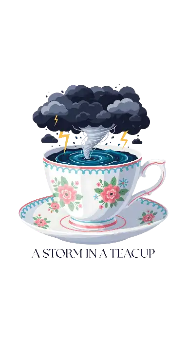Cartoon Storm in a Teacup Illustration for Idiom Enthusiasts - portrait - width: 3072px, height: 5632px
