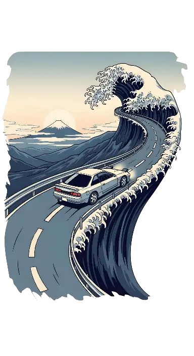 Pixel Art JDM Car on Wave Road with Mount Fuji Illustration - portrait - width: 3072px, height: 5632px