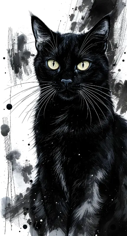 Ink Wash Black Cat Illustration: Mysterious & High Contrast Art Print