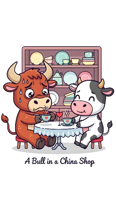 Cute Cartoon Bull and Cow Tea Party in China Shop Illustration - portrait - width: 3072px, height: 5632px