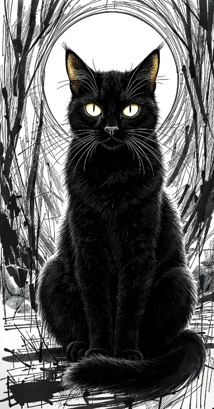 Ink Illustration Black Cat Art with Mysterious Yellow Eyes