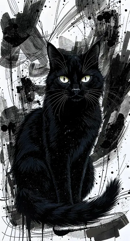 Black Cat Grunge Ink Art Illustration with Glowing Eyes