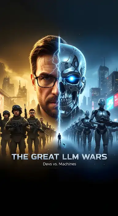 Digital Art: LLM Wars Human vs Machine Conflict Graphic - portrait - width: 3072px, height: 5632px